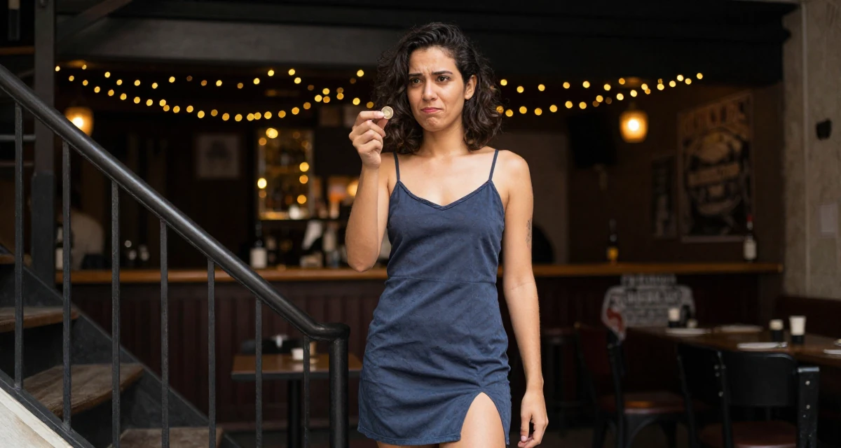 A pouting male From Colombia, has a background in performing arts in their 31, recently paid off student loans, wearing a short slip dress with a thigh-high slit, flipping a coin in a dimly lit jazz bar.