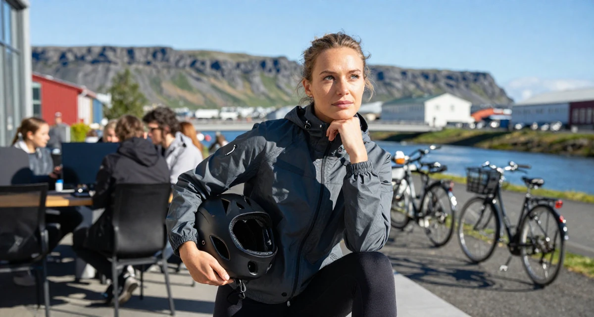 A dignified Female From Iceland, majored in renewable energy studies in their 26, balancing a demanding career with dating life, wearing a sporty windbreaker and leggings, holding a helmet under one arm in a busy coworking space.