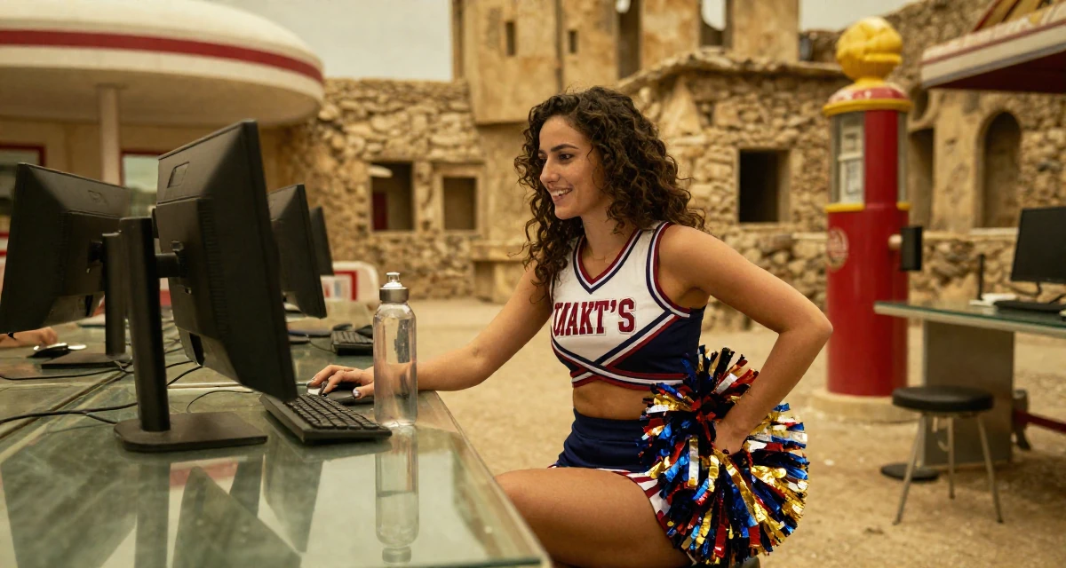 A affectionate Female From Arabic-speaking world, studied business law in their 27, investing in equipment instead of vacations, wearing a cheerleader uniform with a cropped top and pom-poms, holding a water bottle in a cybernetic computer lab.