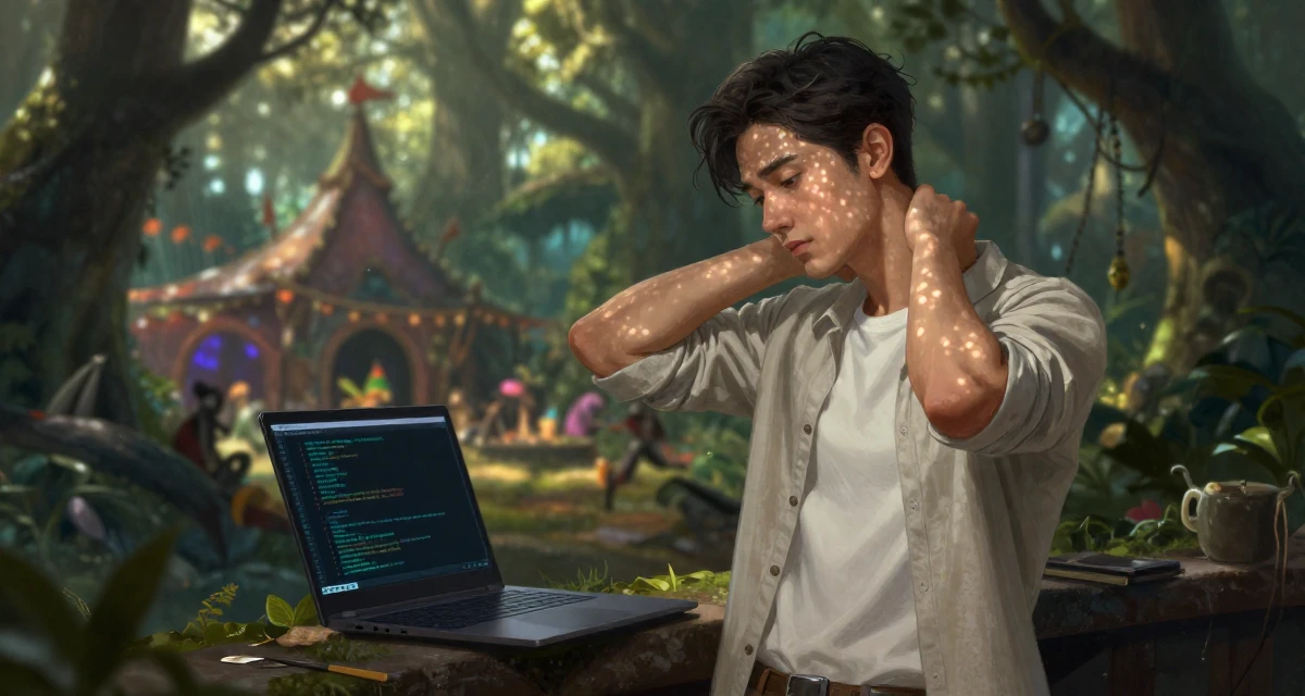 A melancholic yet beautiful male Raised in Vietnam, studied digital illustration in their 20, living entirely for the aesthetic of the moment, wearing a clean, neutral-toned casual outfit, stretching the neck in a dungeon cell.