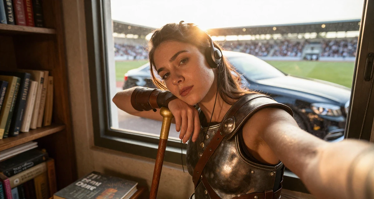 A melancholic yet beautiful Female Former call-center worker, now crafting confidence-centric creator content in their 23, realizing content creation requires real discipline, wearing a gladiator armor with leather straps and a metal breastplate, posing for a selfie in a cozy reading nook by a window.