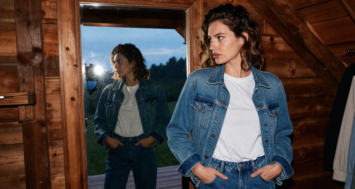 A intense and captivating Female From Lyon France, learned couture aesthetics and editorial styling in their 24, hitting creative block but needing income anyway, wearing a classic denim jacket and white tee, putting hands in pockets in a rustic wooden cabin interior.