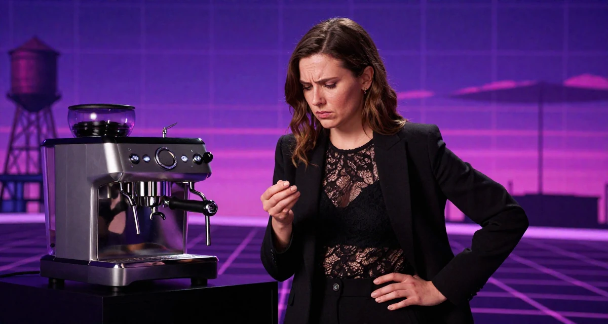 A stressed Female From Romania, studied computer science in their 20, creating content for a growing online audience, wearing a black lace top under a business suit, inspecting fingernails in a theater stage.