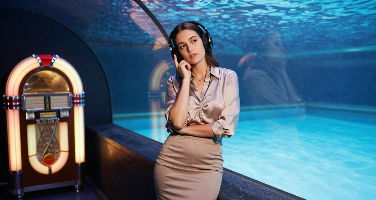 A absent-minded Female From Australia, majored in finance at a private university in their 30, freelancing after a layoff, wearing a tight pencil skirt and a tucked-in silk blouse, listening to music with headphones in a aquarium tunnel.