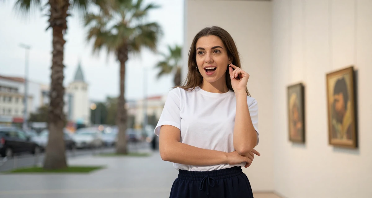A enthusiastic Female From Bucharest Romania, trained in expressive posing in their 36, rebuilding after a breakup, wearing a school gym uniform with bloomers and a white t-shirt, putting on earrings in a art gallery.