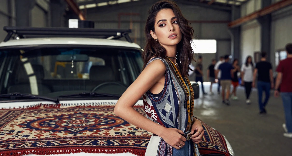 A content Female Once a high-school English tutor, now exploring sensual storytelling in their 33, documenting a cross-country road trip, wearing a artistic layered clothing, fixing a belt buckle in a industrial warehouse.