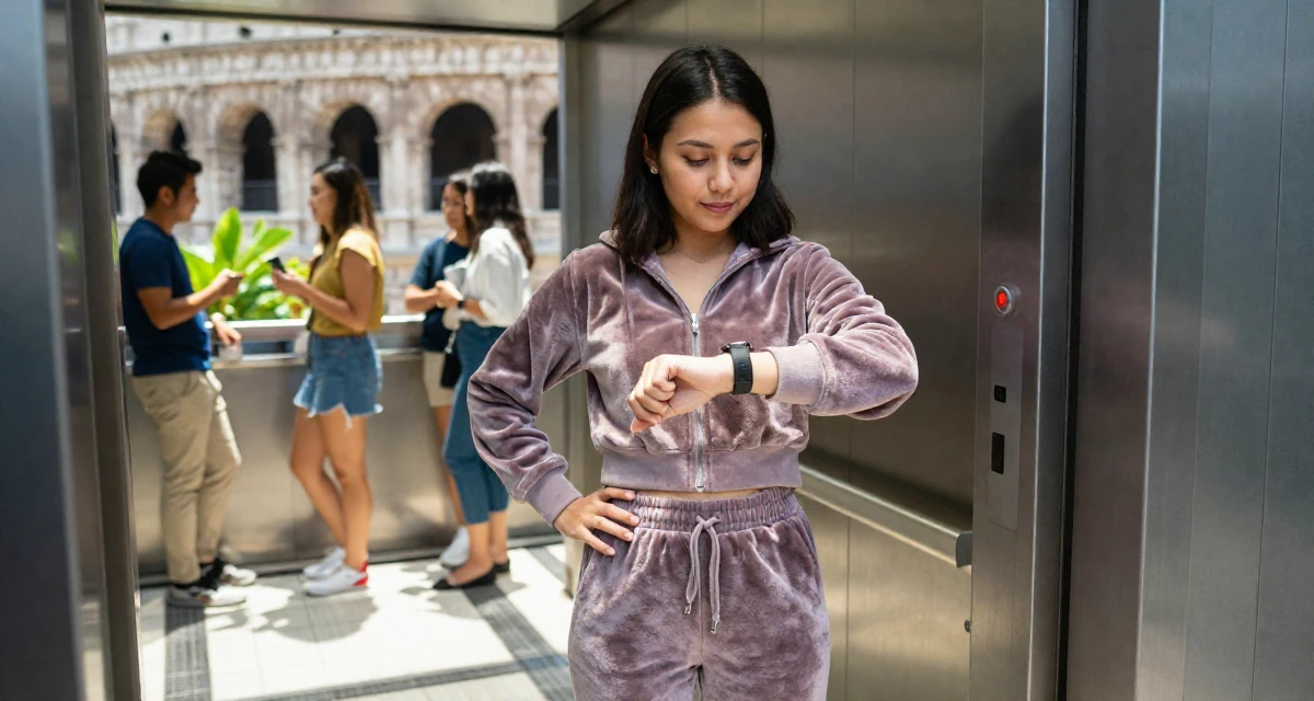 A gentle and kind Female From Singapore, studied business analytics in their 22, grinding nonstop while peers enjoy carefree weekends, wearing a velour tracksuit with a cropped zip-up hoodie, glancing at a wristwatch in a corporate elevator.