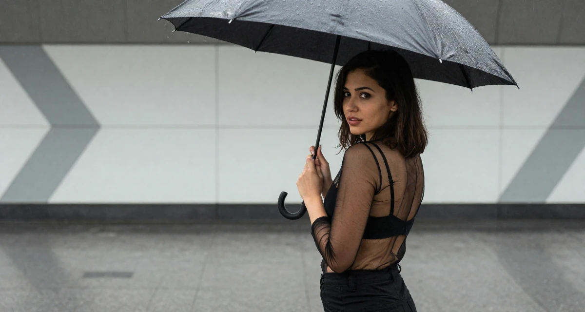 A coy Female Once a junior marketing intern, now a full-time creator in their 24, leaning into confidence as a form of creative expression, wearing a sheer mesh top layered over a black bralette, shaking rain off an umbrella in a subway station.