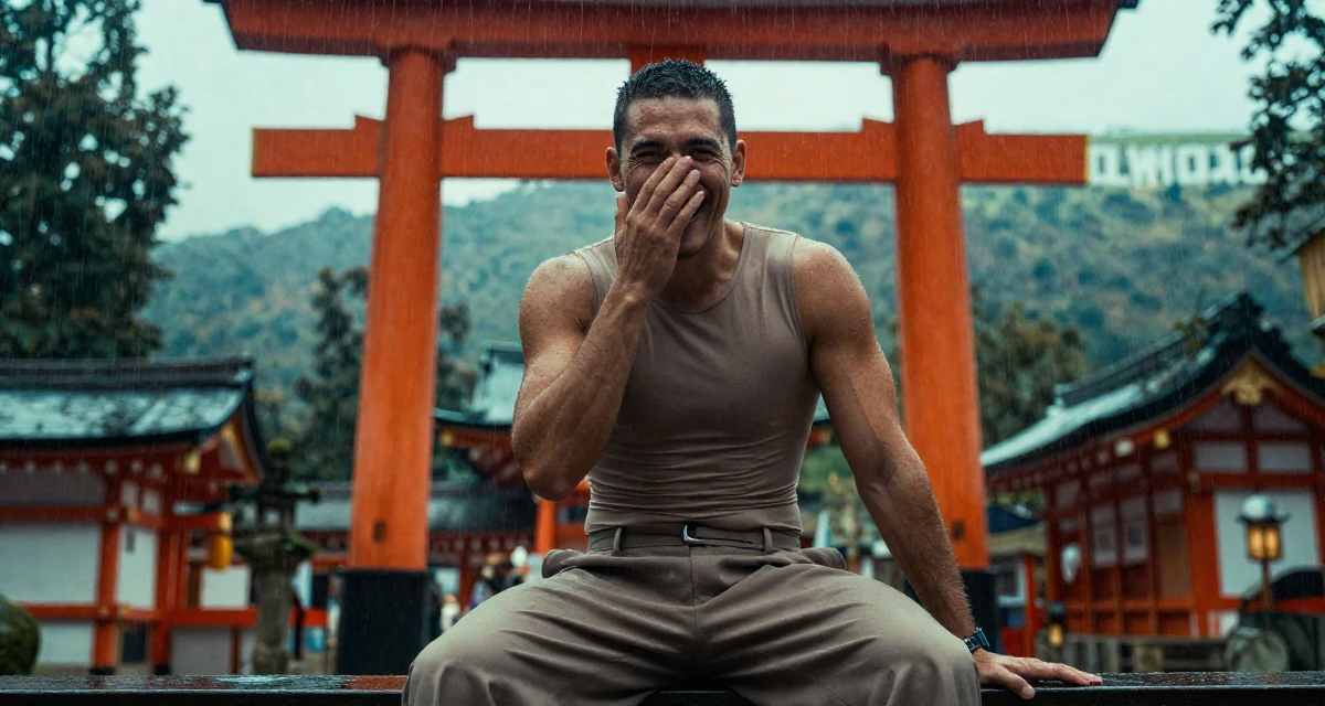 A radiant male From Prague Czech Republic, majored in multimedia journalism in their 34, wearing success like a second skin, wearing a fitted bodysuit and wide-leg dress pants, covering a laugh with one hand in a Japanese Shinto shrine.