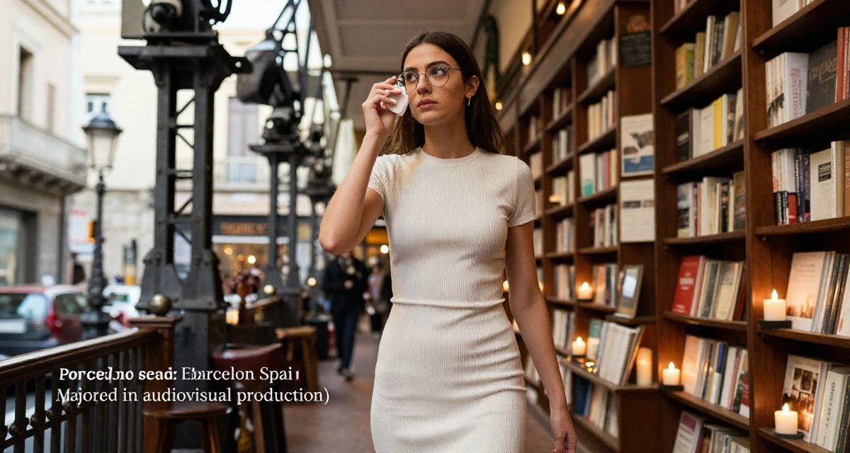 A thoughtful Female From Barcelona Spain, majored in audiovisual production in their 22, trying to look more professional than they feel, wearing a fitted ribbed dress, cleaning glasses with a cloth in a vintage bookstore.