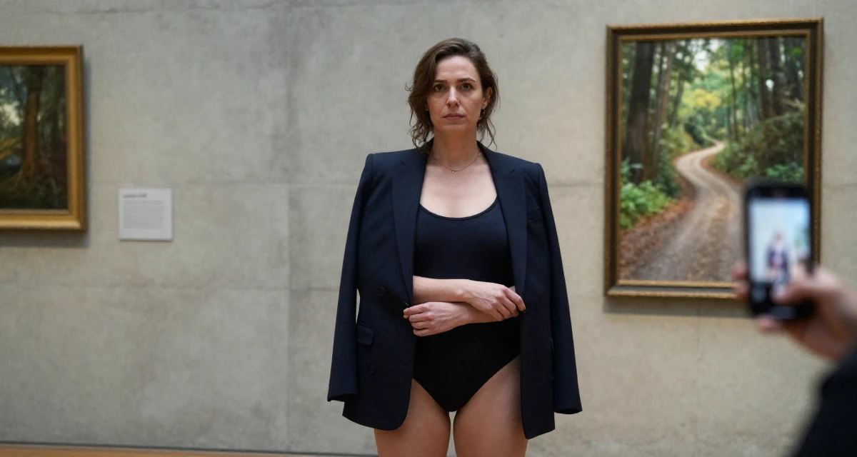 A aloof but intriguing Female Former accountant in her 40s, now embracing body confidence and digital art in their 22, understanding the importance of mental resilience, wearing a bodysuit with a blazer and no pants (editorial look), fixing a cufflink in a museum exhibit.