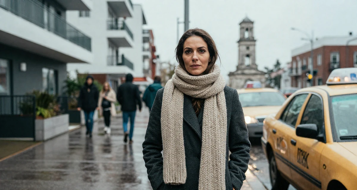A enigmatic Female From Bahamas, studied finance and banking in their 40, sharing the joy of adoption and family, wearing a heavy knit scarf and coat, waiting for a taxi in a modern apartment.