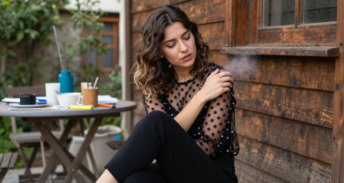 A refreshed Female From Greece, studied philology in their 22, building early digital portfolios, wearing a sheer polka dot blouse and black trousers, dusting off the shoulder in a backyard garden.
