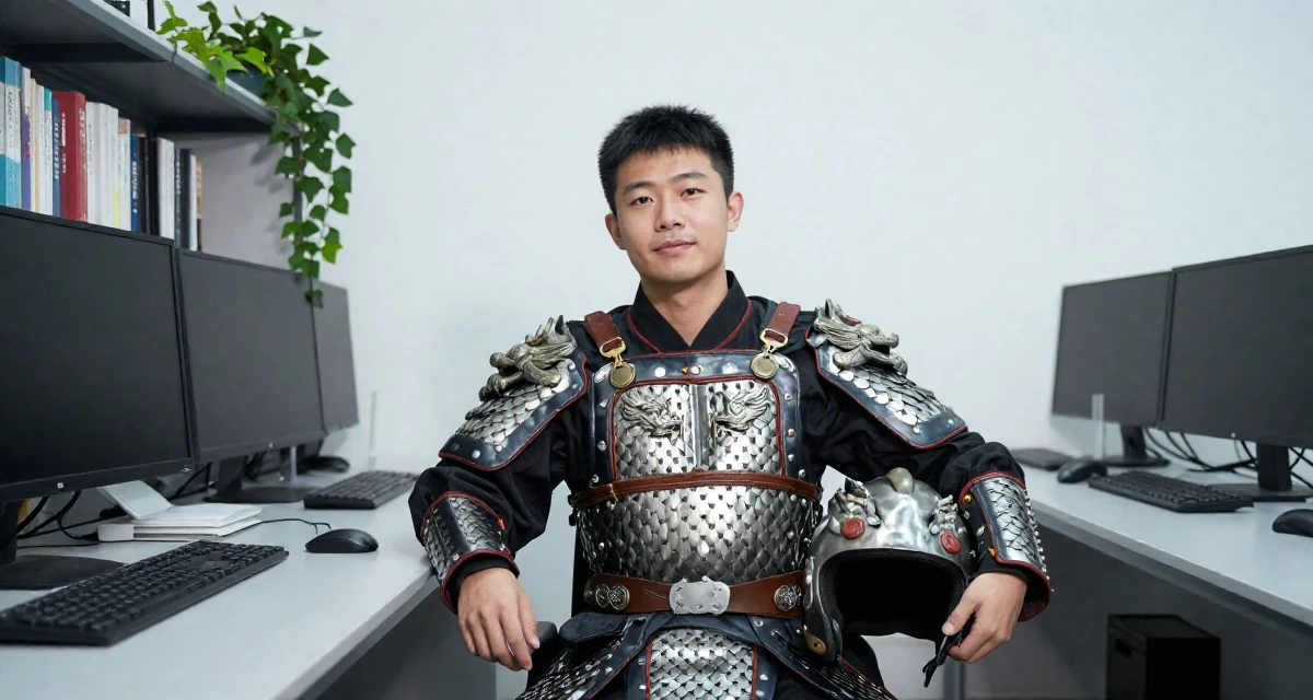 A affectionate male From Chongqing China, holds a degree in psychology in their 28, feeling a renewed sense of ambition, wearing a dragon scale armor texture with metallic sheen, holding a helmet under one arm in a cybernetic computer lab.
