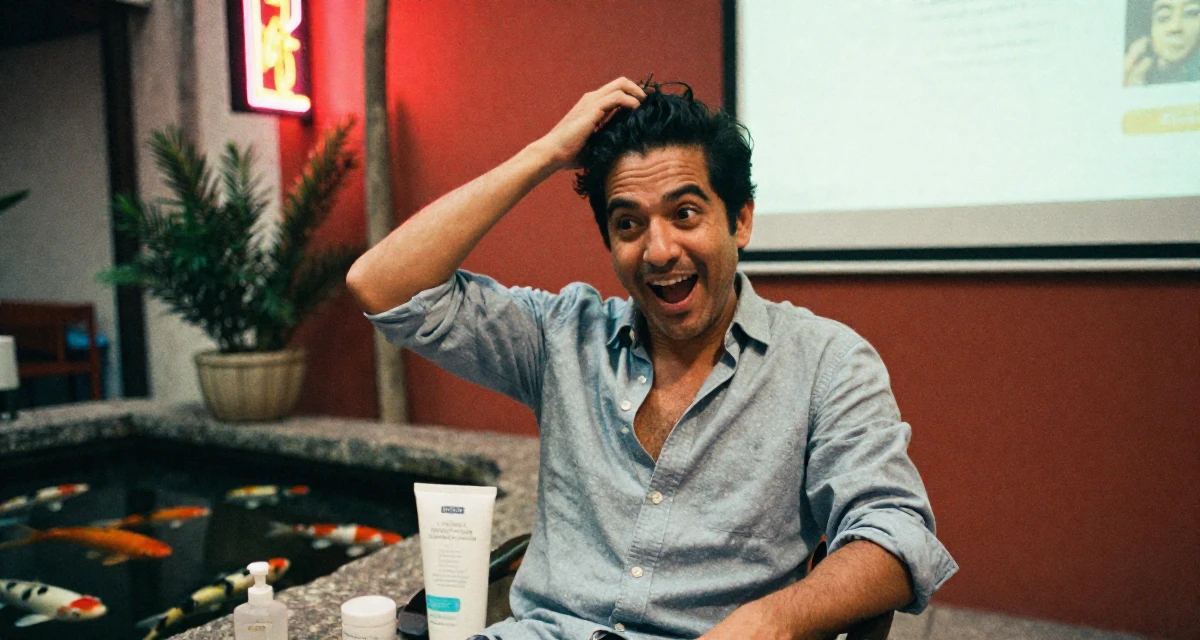 A enthusiastic male From Mexico, studied cultural studies in their 45, reviewing anti-aging products with honesty, wearing a button-up shirt dress with the top buttons undone, messing up hair playfully in a neon-lit alleyway.