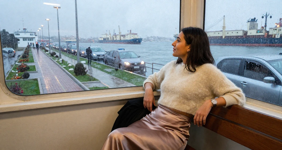 A harmonious Female From Cairo Egypt, studied expressive arts therapy in their 39, reflecting on a decade of professional growth, wearing a satin midi skirt and a fuzzy cropped sweater, putting on a jacket in a ferry deck.