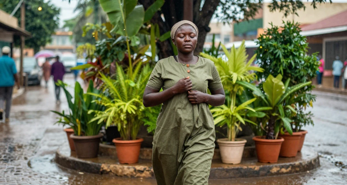 A mellow Female From Mali, majored in agricultural management in their 39, sharing meditation and stress-relief techniques, wearing a muted olive green tones, gripping a lapel in a rainy street corner.