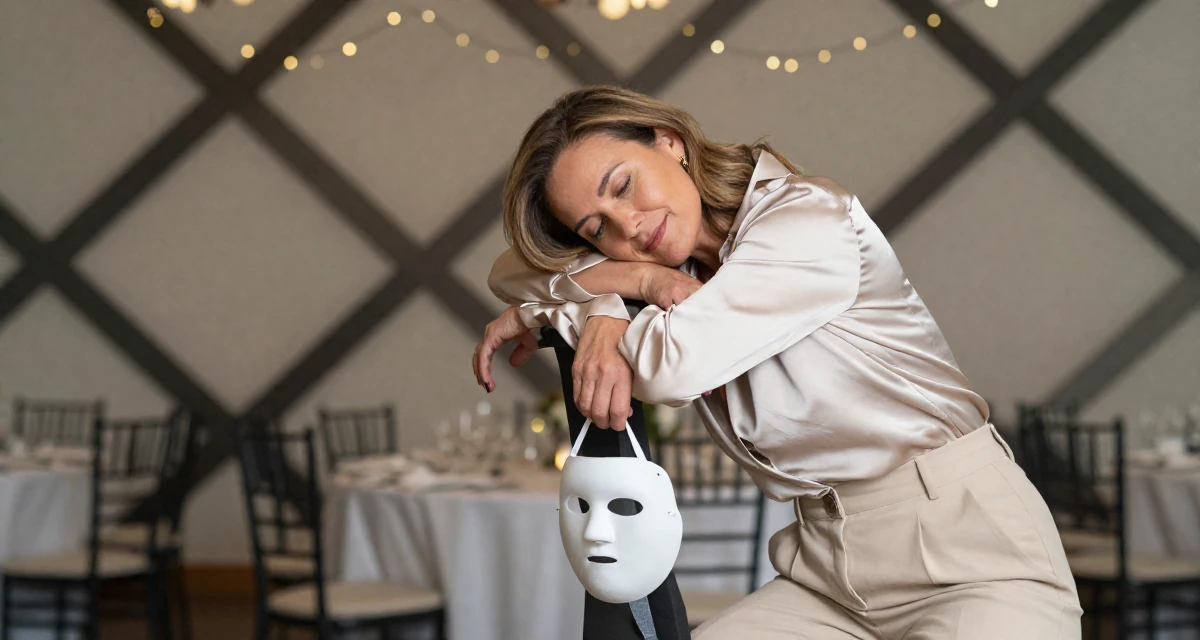 A romantic Female From South Africa, majored in development studies in their 46, wellness advocate for women over 40, wearing a high-waisted beige trousers and a tucked-in satin blouse, holding a mask (cosplay/prop) in a banquet hall.