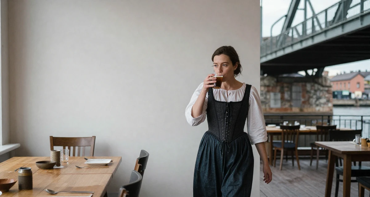 A introspective Female From Tampere Finland, learned intimate storytelling through slow-mode videography in their 49, noticing early burnout signs, wearing a peasant girl corset dress with a white blouse, sipping a warm drink in a dining room.