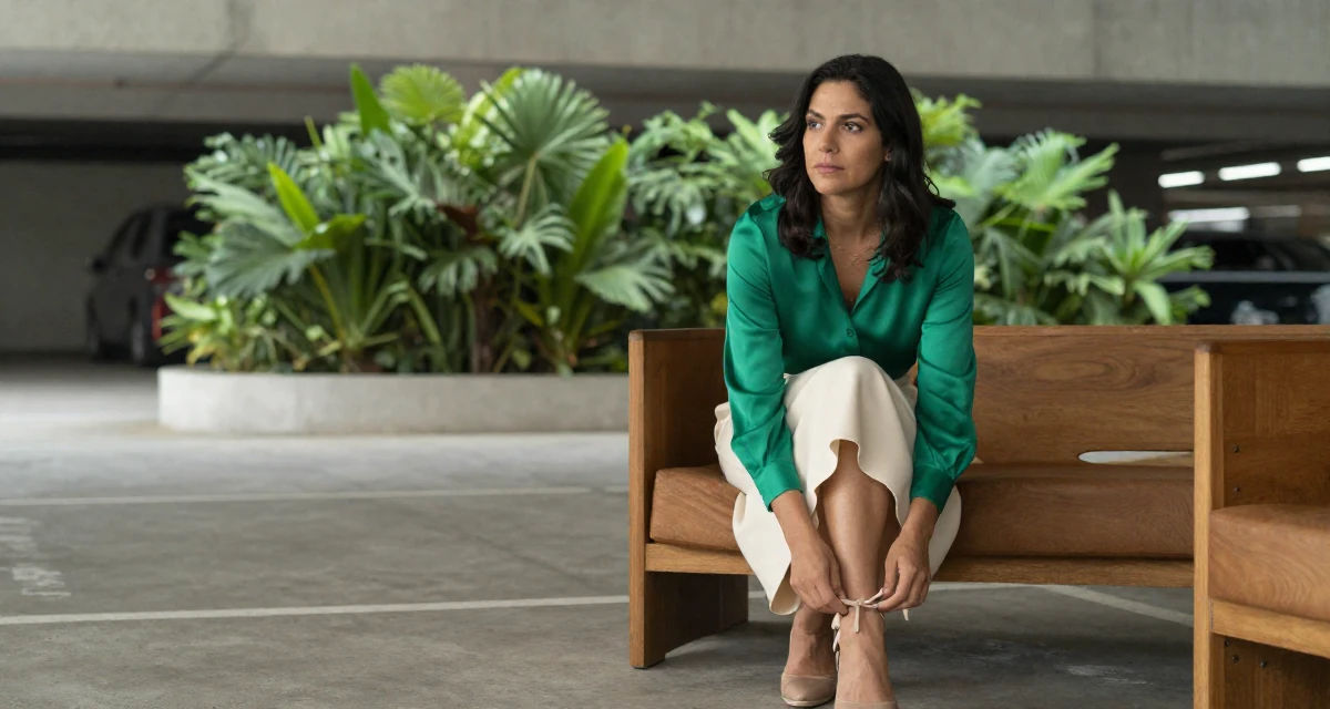 A introspective Female From Brazil, has a background in journalism in their 39, recently moved to a new city, wearing a emerald green silk blouse and a cream skirt, tying a shoelace in a underground parking garage.