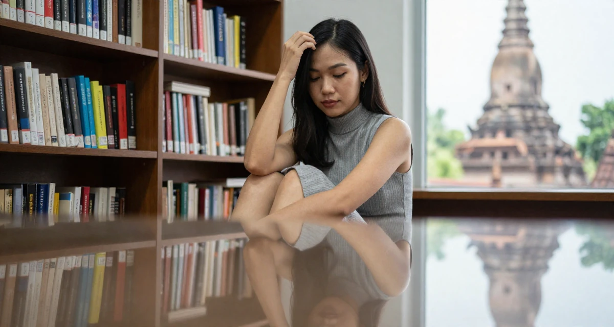 A soft Female From Thailand, studied hospitality management in their 37, rebuilding savings after unexpected expenses, wearing a sleeveless turtleneck dress with high side slits, pushing hair from face in a lecture hall.