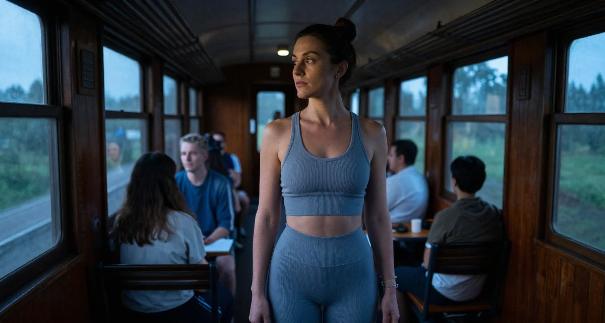 A soulful Female Once a history major, now creating vintage-inspired storytelling in their 48, fitness instructor focused on mobility and strength, wearing a ribbed lounge set that hugs the curves, glancing sideways in a train carriage.