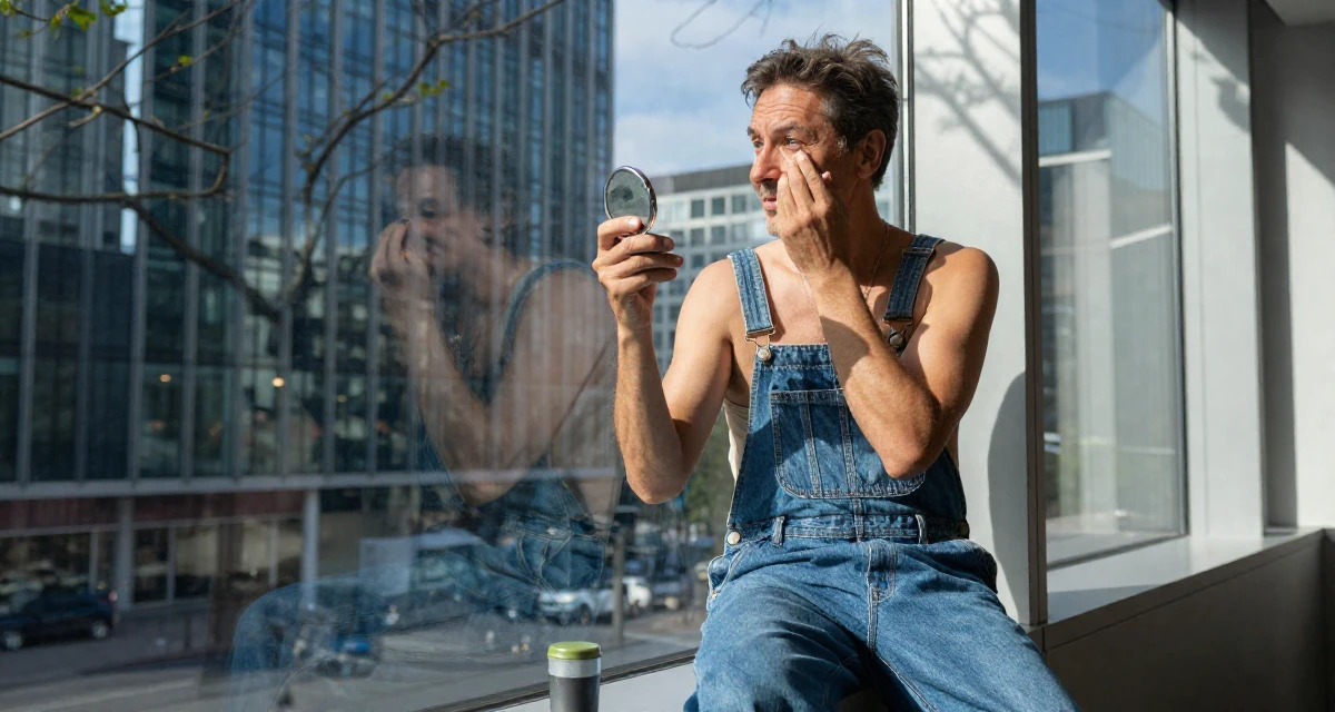 A harmonious male From Belgium, has a degree in international law in their 50, exploring semi-retirement options, wearing a tube top and oversized denim overalls with one strap down, checking makeup in a compact mirror in a waiting room.