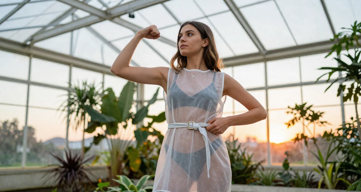 A observant Female Grew up in Croatia, studied interaction design in their 22, adjusting to the 9-to-5 routine after college, wearing a semi-transparent beach cover-up dress, adjusting a belt in a botanical greenhouse.