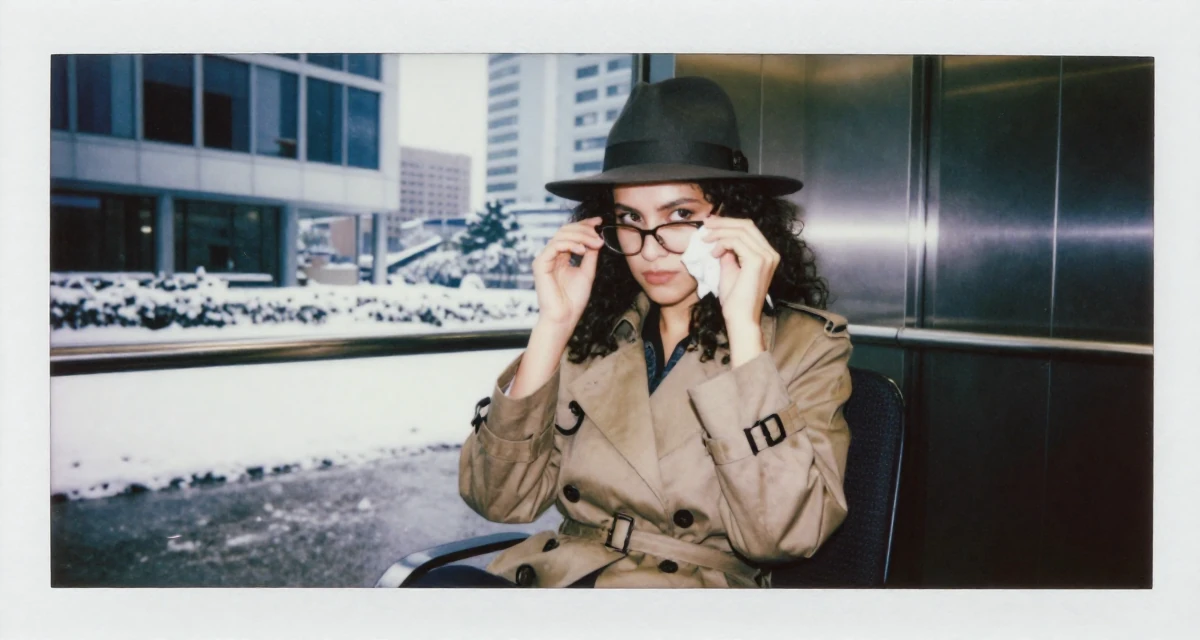 A ferocious Female From Kuala Lumpur Malaysia, majored in accounting in their 23, looking sophisticated but feeling lost inside, wearing a detective trench coat and fedora hat, cleaning glasses with a cloth in a corporate elevator.