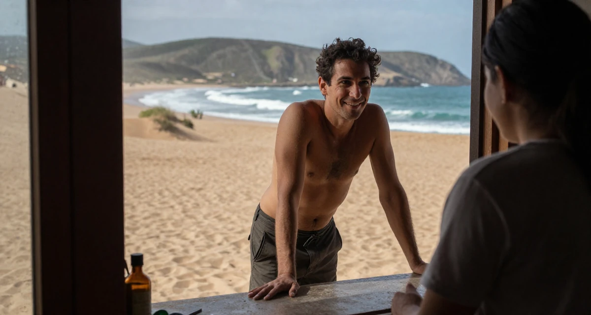 A intense male From Córdoba Argentina, studied emotional storytelling in photography in their 42, sharing the journey of perimenopause health, wearing a strapless tube top and cargo pants, smiling at a stranger in a desert sand dunes.