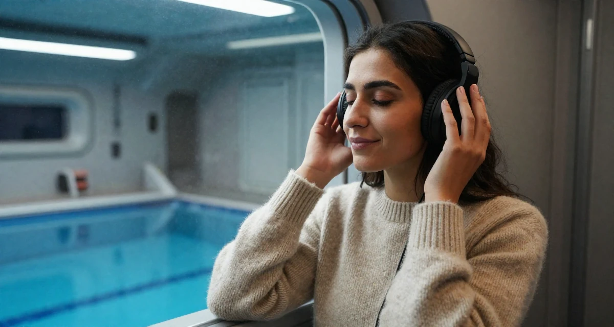 A serene and peaceful Female From Palestine, studied community development in their 25, adopting healthier routines for career growth, wearing a soft cashmere sweater worn with nothing visible underneath, adjusting headphones in a spaceship corridor.
