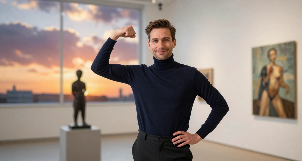 A smiling gently male From Berlin Germany, explored body art and alternative fashion scenes in their 44, navigating divorce and finding new happiness, wearing a sophisticated turtleneck and trousers, applying lipstick in a art gallery.