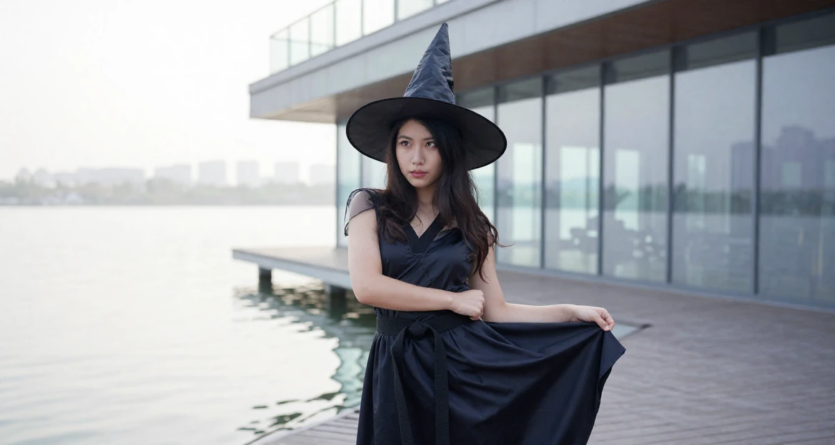 A fearless Female Once a taekwondo athlete, now a confidence-driven creator in their 22, learning that fans disappear as fast as they come, wearing a classic witch costume with a wide-brimmed hat, fixing the hem of a skirt in a lakeside dock.