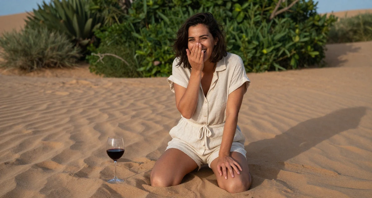 A fearless Female From France, has a degree in art history and curating in their 22, crafting content at midnight after work shifts, wearing a short romper made of soft linen fabric, covering a laugh with one hand in a desert sand dunes.