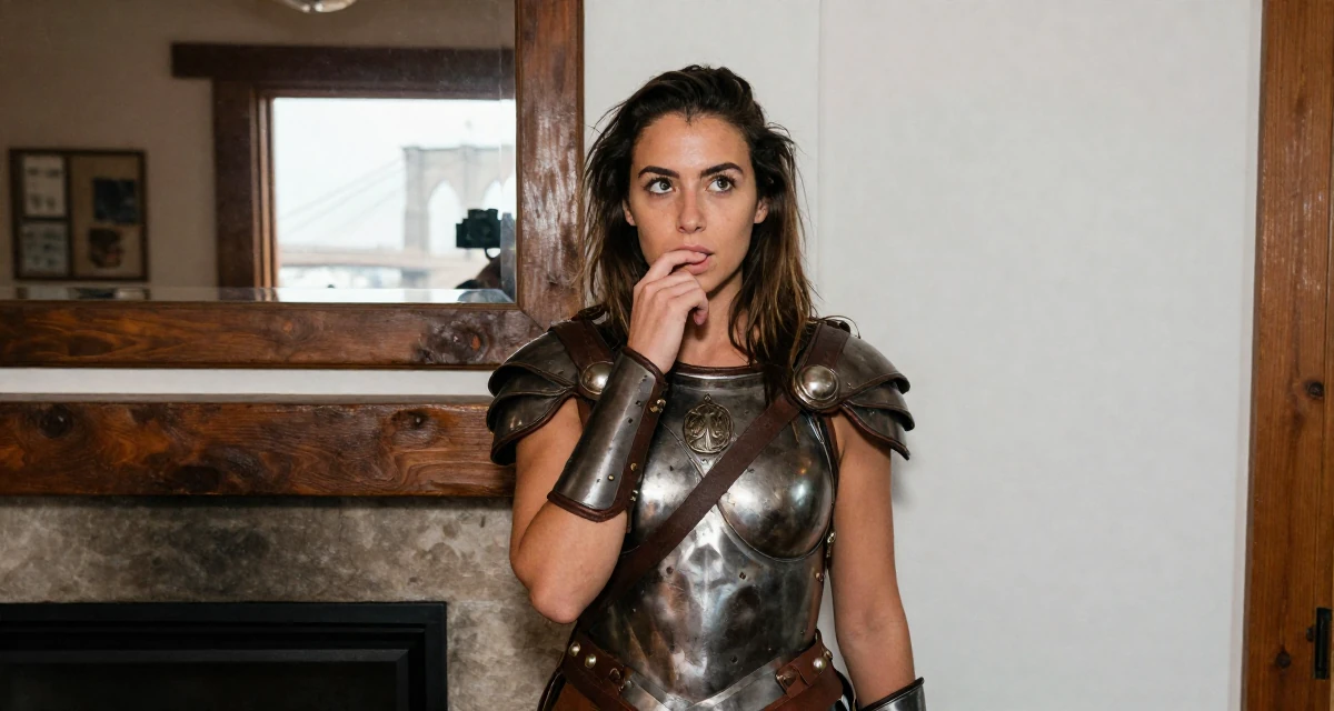 A relaxed and observant Female From South Africa, majored in development studies in their 24, learning how to set boundaries in private messages, wearing a gladiator armor with leather straps and a metal breastplate, biting a lip thoughtfully in a ski lodge fireplace.