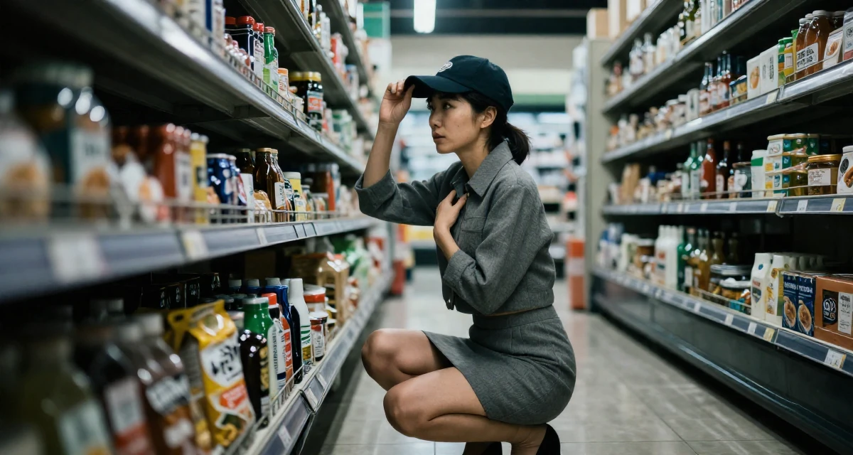 A resilient Female From Japan, based in Fukuoka, graduated from a media college majoring in soft-glam creative production in their 40, managing a family business with dedication, wearing a cropped tailored jacket and matching mini skirt, tipping a hat in a supermarket aisle.