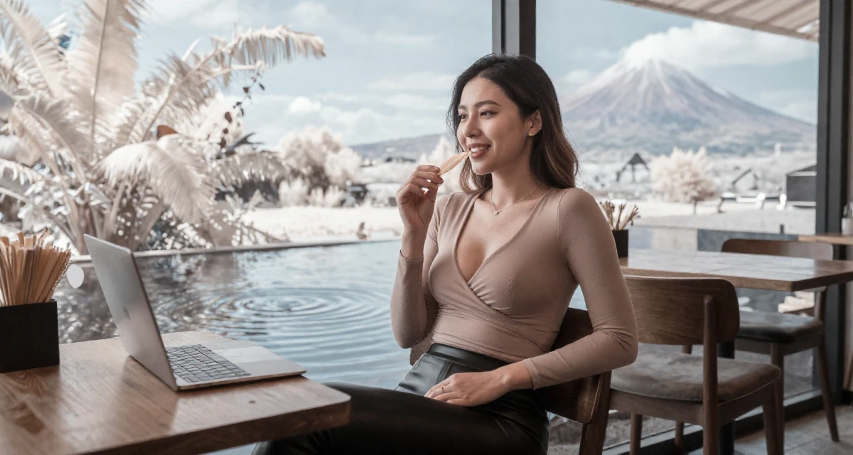A positive Female From Shenzhen China, graduated in computer science in their 23, pretending everything is fine while barely covering bills, wearing a wrap-front bodysuit and leather leggings, holding a snack in a cozy café.