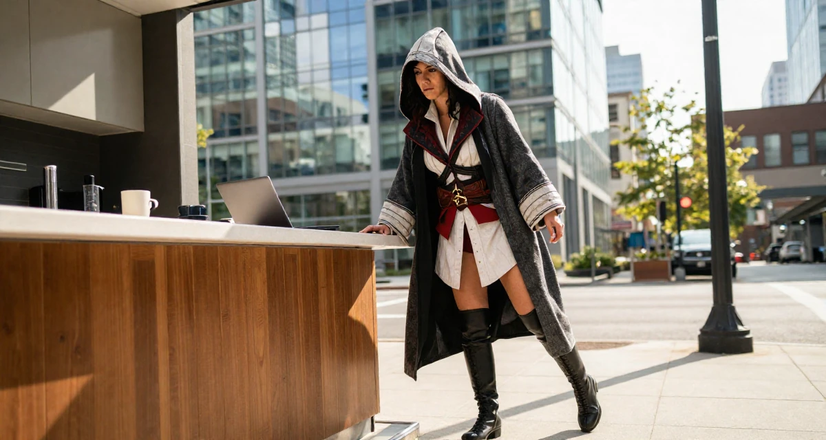 A worried Female Raised in Canada, majored in fine arts in their 33, building a supportive online community, wearing a assassin creed style hooded robe and tunic, stepping onto a curb in a sunlit kitchen island.