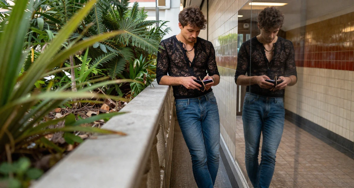 A shy male From Croatia, based in Rijeka, graduated from a communication institute majoring in sensual scene composition in their 23, learning to express sensuality without crossing personal limits, wearing a lace-up front top and skinny jeans, checking a wallet in a opera house balcony.
