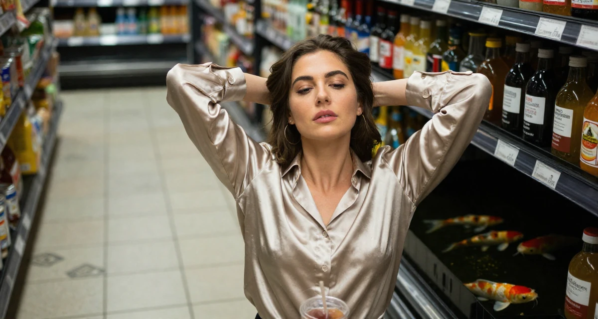 A hypnotic Female Once a startup assistant, now a creator experimenting with storytelling in their 28, saving aggressively for first home, wearing a satin button-up shirt in champagne color, holding a cold drink in a supermarket aisle.