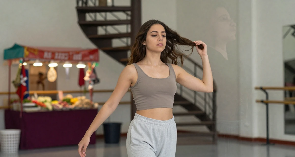 A romantic Female From Peru, studied hospitality and tourism management in their 23, fighting algorithm despair while submitting homework, wearing a cropped tank top and low-waisted sweatpants, twirling a lock of hair in a ballet studio.