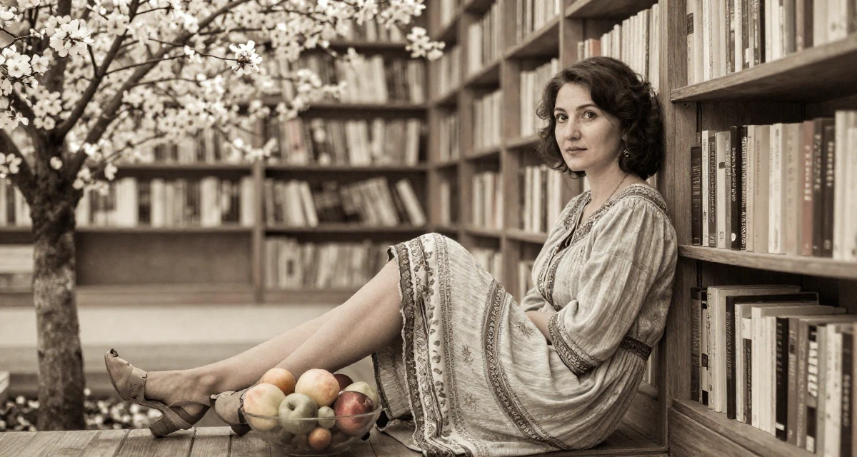 A content Female From Kazakhstan, based in Almaty, graduated from a state university majoring in journalism in their 44, building a legacy for the next generation, wearing a relaxed bohemian style dress, tapping a foot in a bookstore aisle.