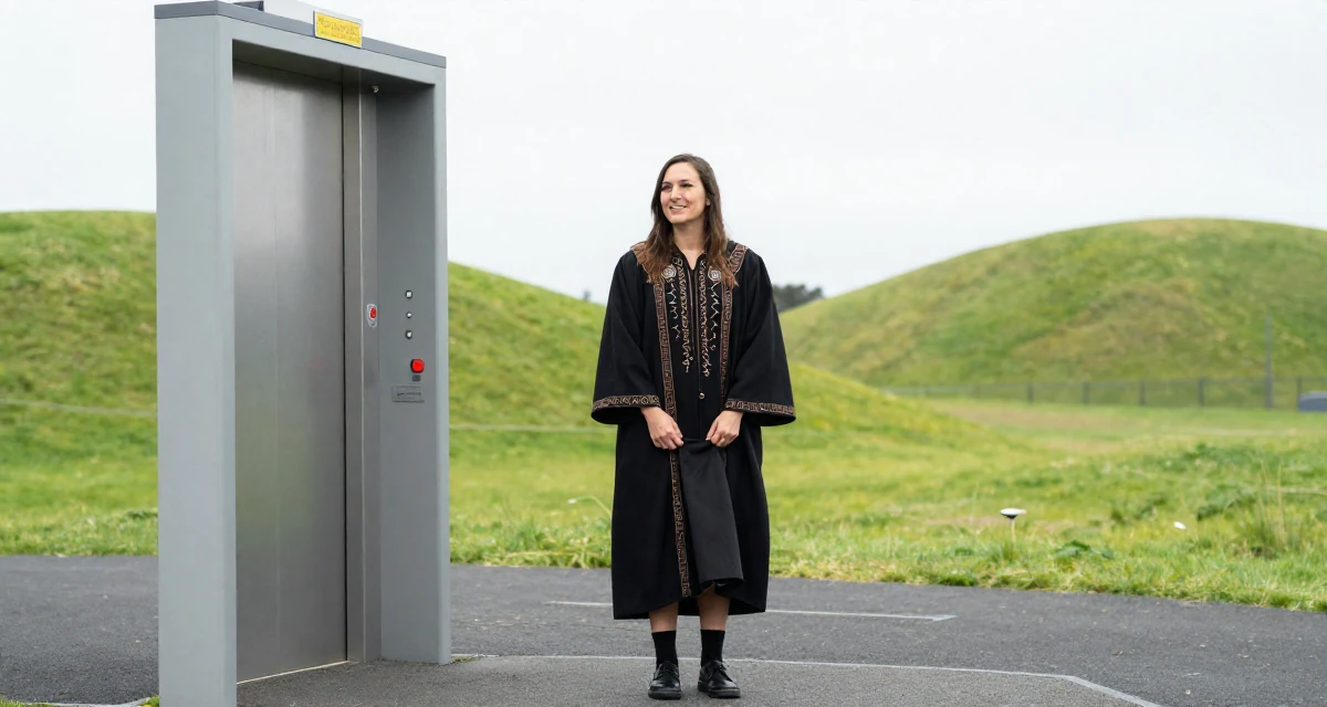 A warm and welcoming Female From Wellington New Zealand, studied creative writing and visual narrative in their 45, helping kids through school, wearing a cultist robe with mysterious rune embroidery, fixing the hem of a skirt in a school playground.