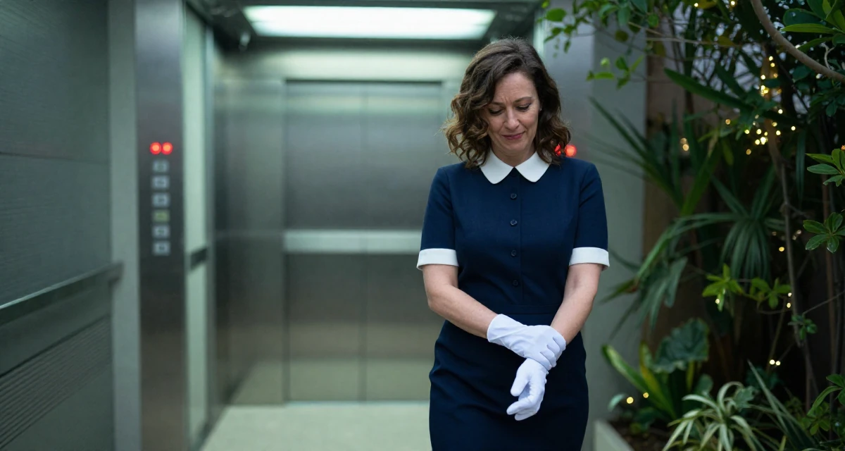 A flirty Female From Lisbon Portugal, learned storytelling through movement in their 50, proof that life begins at fifty, wearing a navy blue dress with white collar and cuffs, removing a glove in a backyard garden.