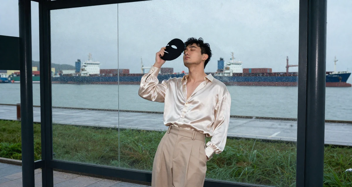A proud male Once an art school dropout, now a self-taught creator with signature style in their 45, sharing the beauty of a quiet rural life, wearing a high-waisted beige trousers and a tucked-in satin blouse, holding a mask (cosplay/prop) in a bus stop in the rain.