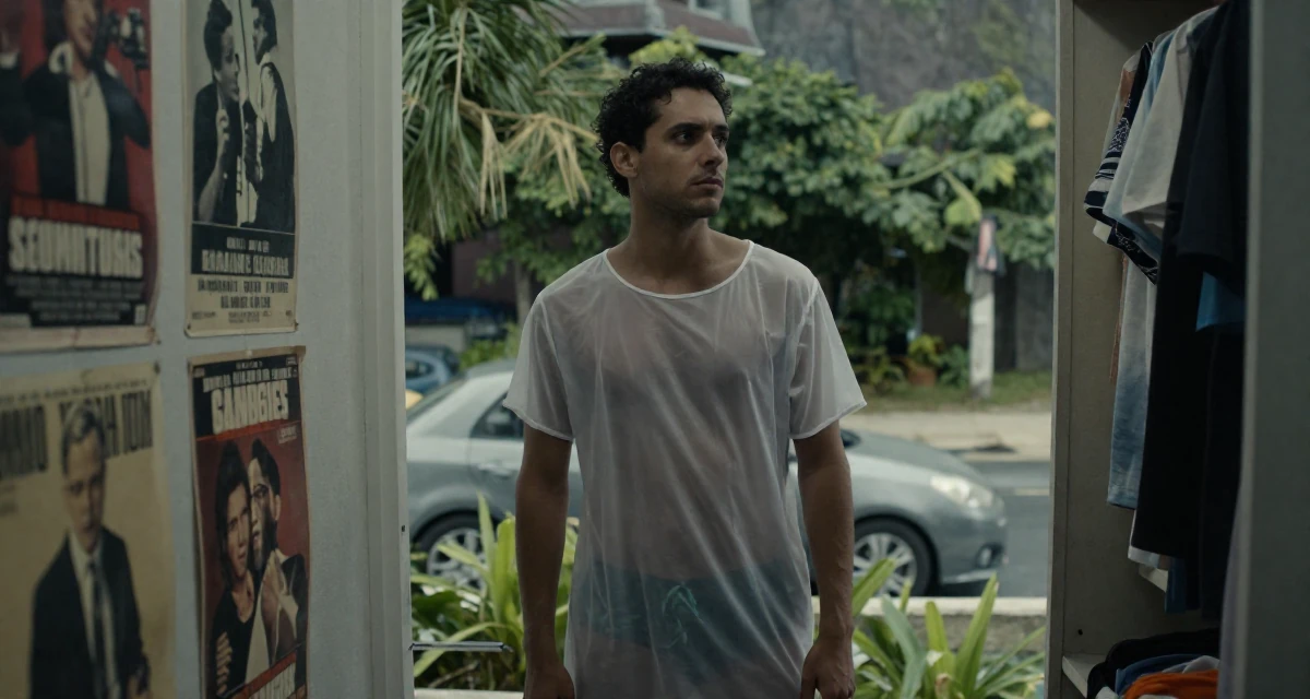 A pensive male From Rio de Janeiro Brazil, learned fitness aesthetics through beach culture in their 29, dealing with social pressure to “settle down”, wearing a semi-transparent beach cover-up dress, watching traffic pass by in a walk-in wardrobe.