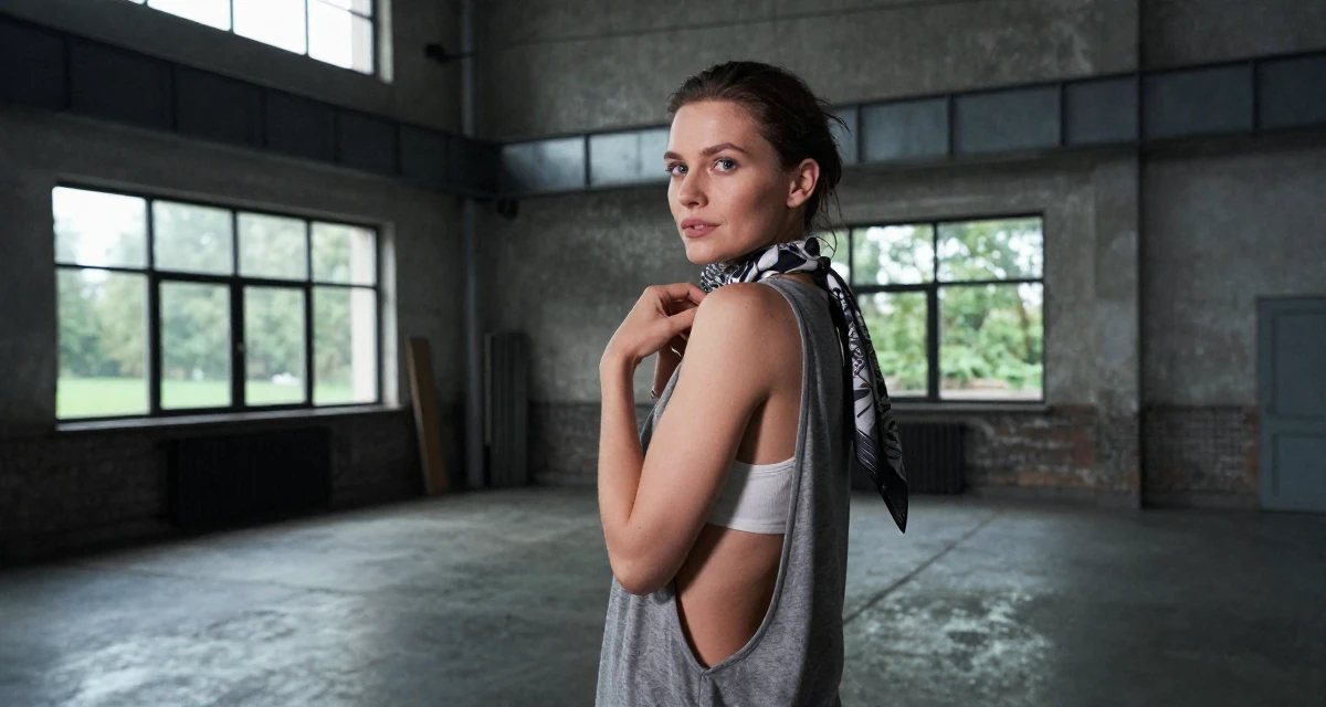 A absent-minded Female From Saint Petersburg Russia, studied visual storytelling in theatrical setups in their 47, sharing the joy of slow food and cooking, wearing a loose tank top with deep side cuts, adjusting a scarf in a industrial warehouse.