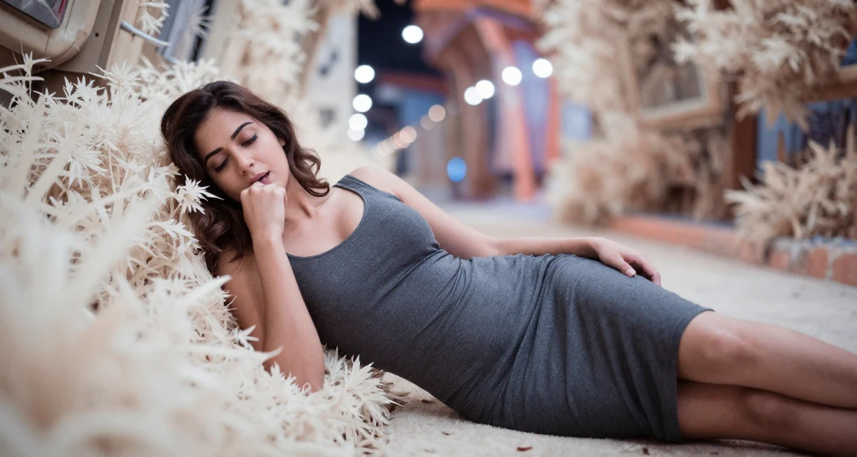 A sleepy Female From Mumbai India, studied film production in their 31, feeling the biological clock or societal pressure, wearing a sheath dress in charcoal grey that hugs the curves, biting a lip thoughtfully in a spaceship corridor.