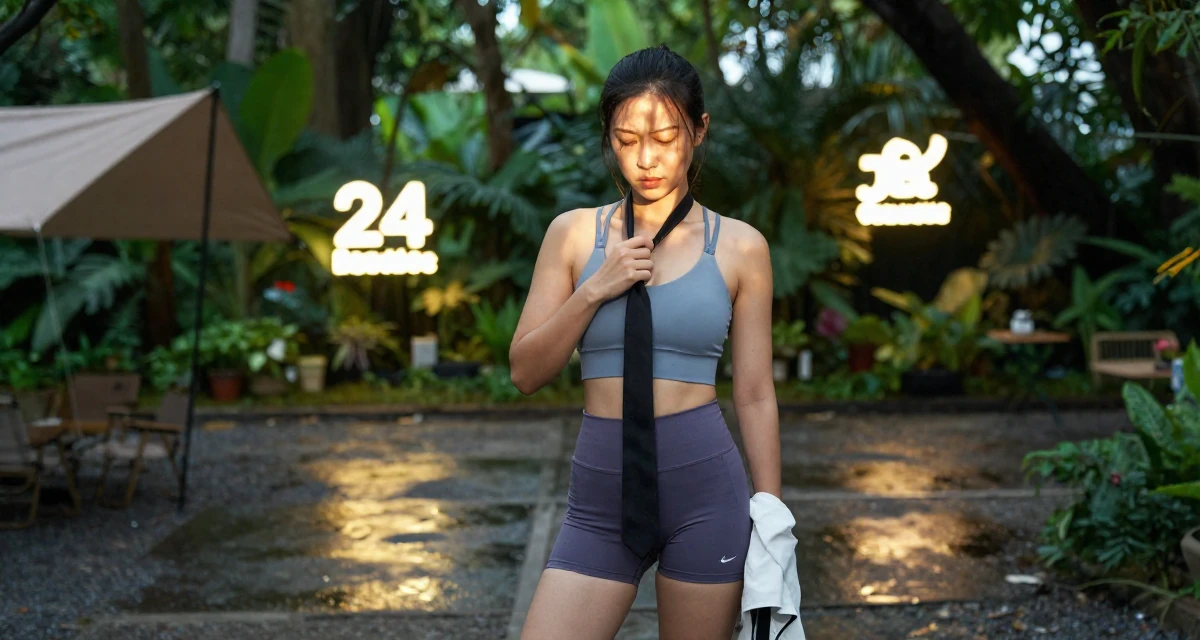 A bashful Female Once a startup assistant, now a creator experimenting with storytelling in their 24, feeling cynical about the corporate ladder, wearing a strappy gym top and compression shorts, playing with a tie in a camping site.