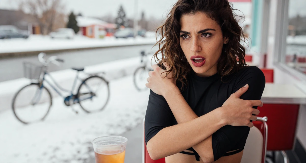 A vibrant Female Once a biology student, now exploring sensual posing as art in their 22, managing emotional whiplash from fluctuating subscriber counts, wearing a cropped rash guard and bikini bottom, holding a cold drink in a retro 50s diner.